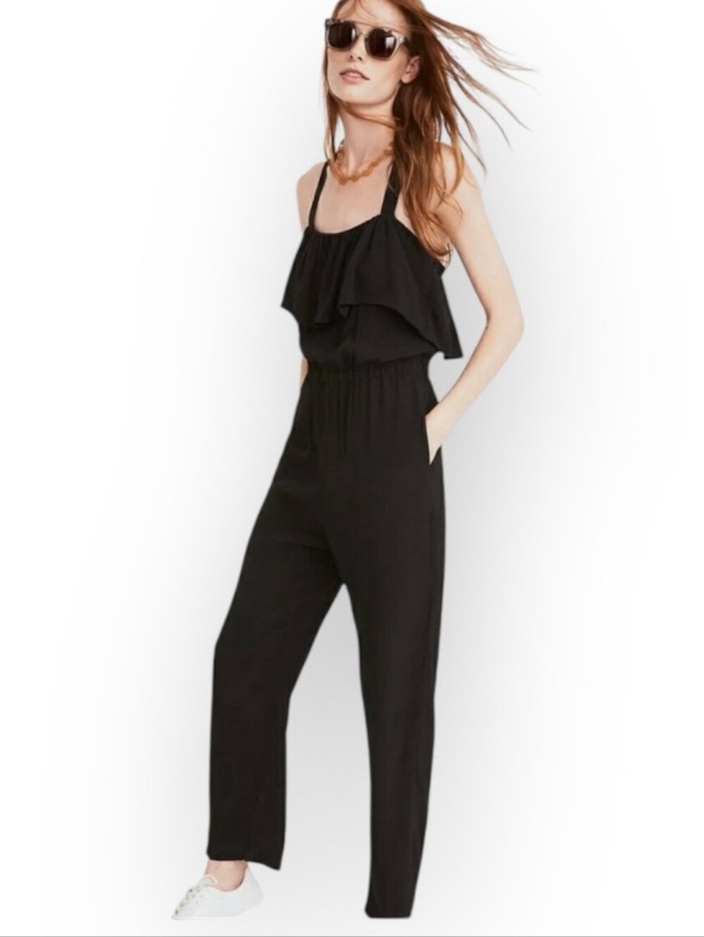 Madewell Cross Back Adjustable Strap Black Ruffle Jumpsuit Large